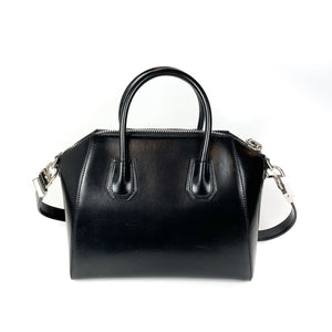 Small Antigona in Black Glossy Leather with Silver Hardware