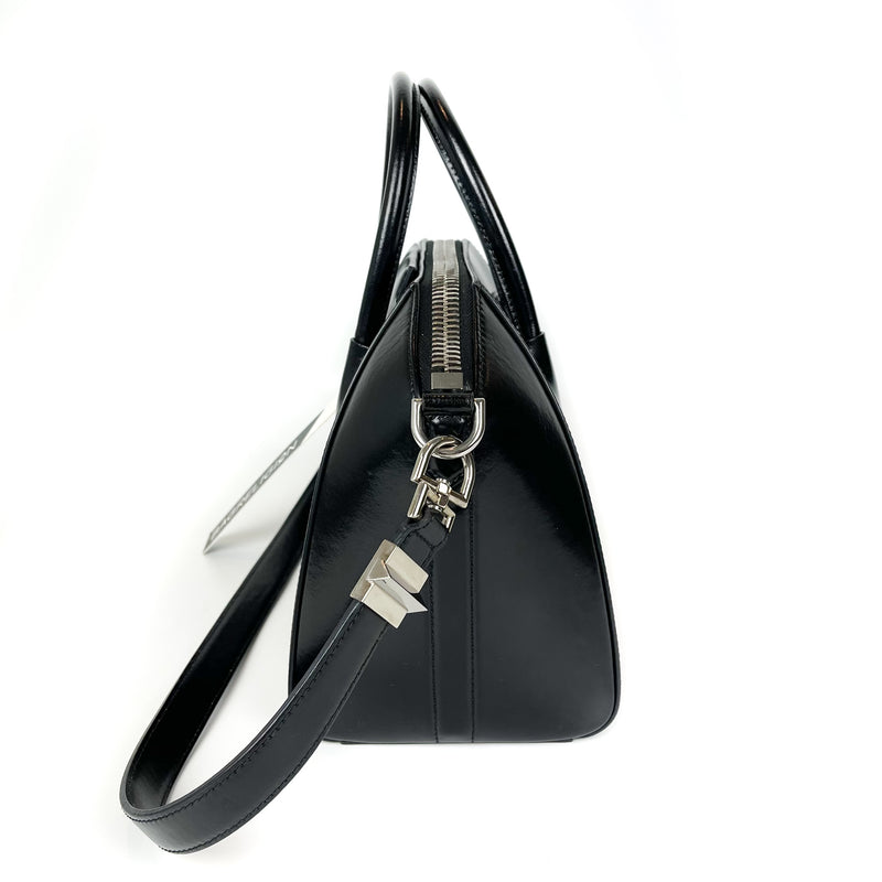 Small Antigona in Black Glossy Leather with Silver Hardware