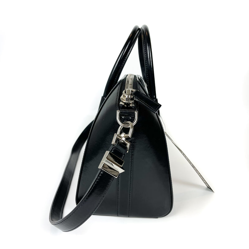 Small Antigona in Black Glossy Leather with Silver Hardware
