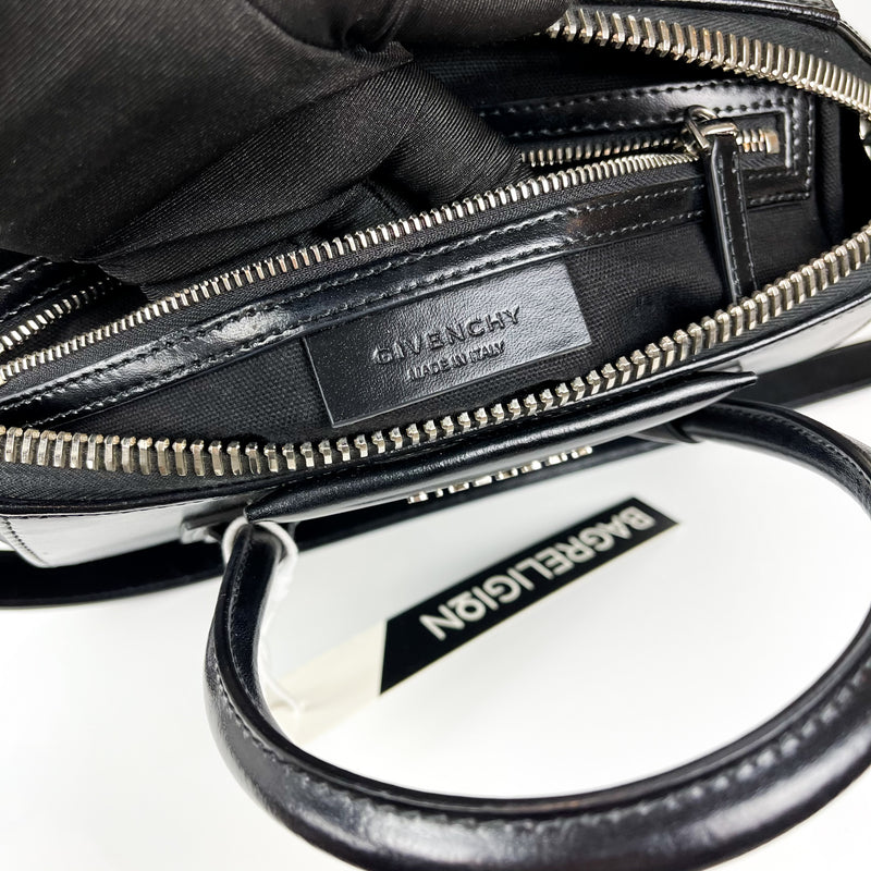 Small Antigona in Black Glossy Leather with Silver Hardware