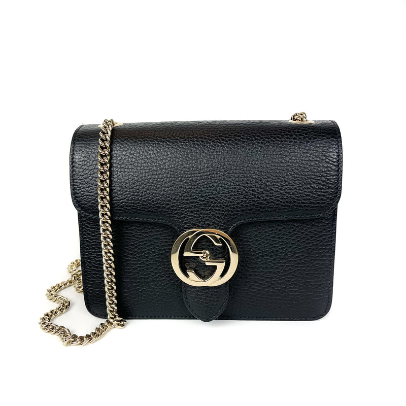 Black Interlocking GG Calfskin Leather Crossbody Bag with GHW