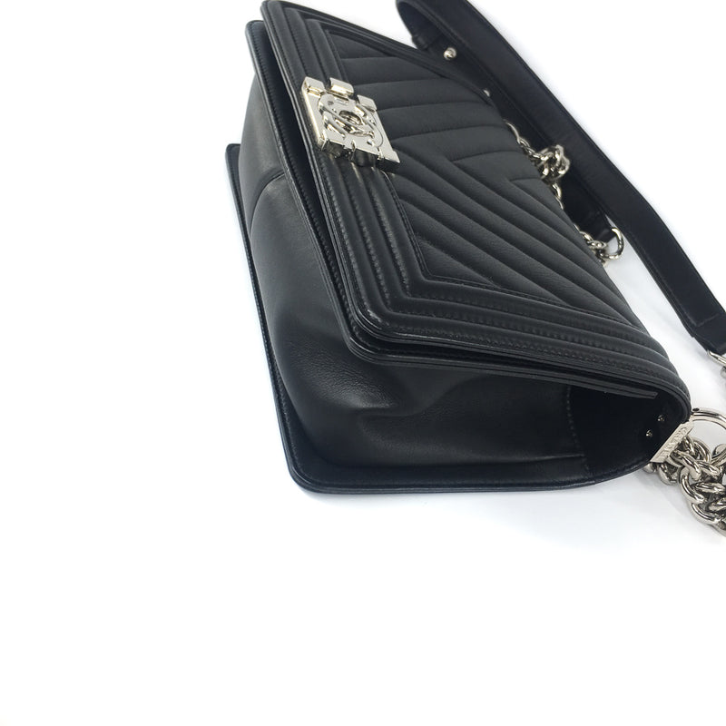 Le Boy Chevron Calfskin Flap Bag with Shiny Silver Hardware