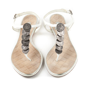 Patent Leather CC Logo Flat Sandals White