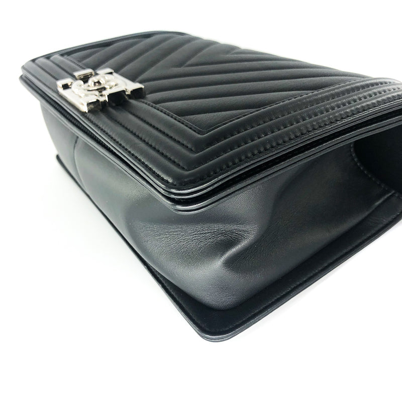 Le Boy Chevron Calfskin Flap Bag with Shiny Silver Hardware