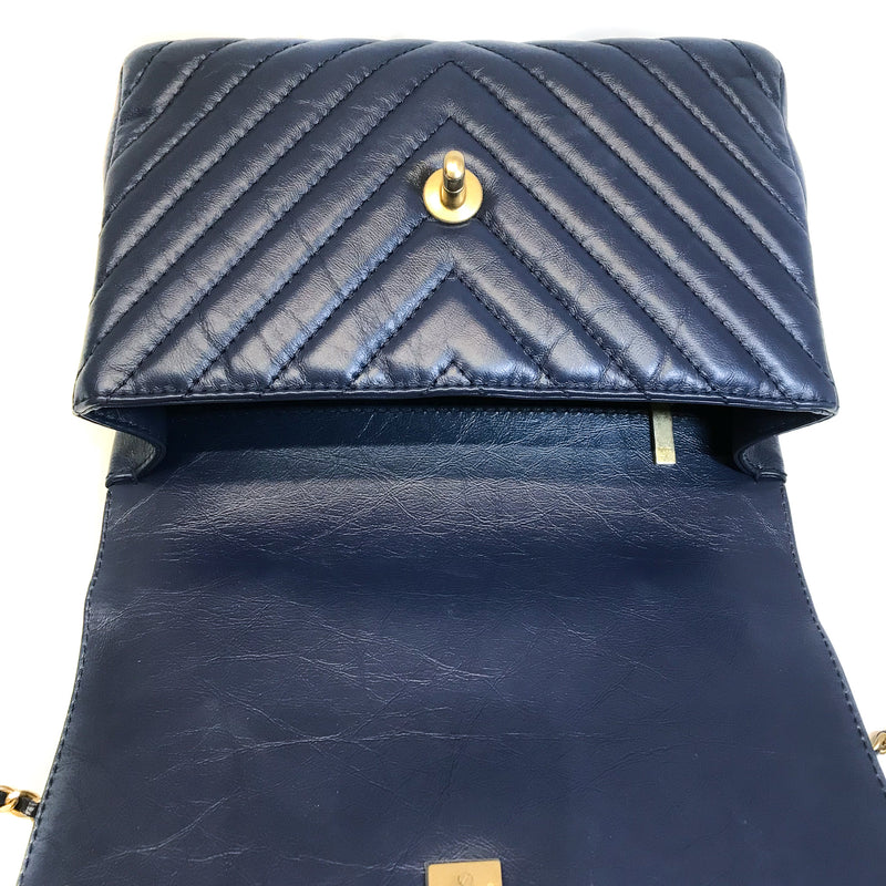 Navy Blue Chevron Top Handle Flap in Calfskin Leather