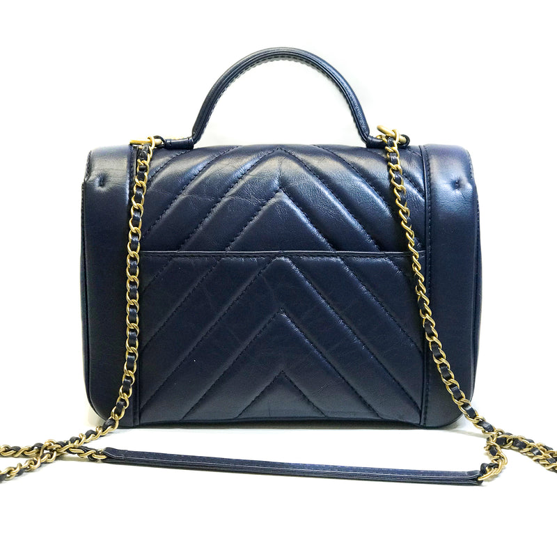 Navy Blue Chevron Top Handle Flap in Calfskin Leather