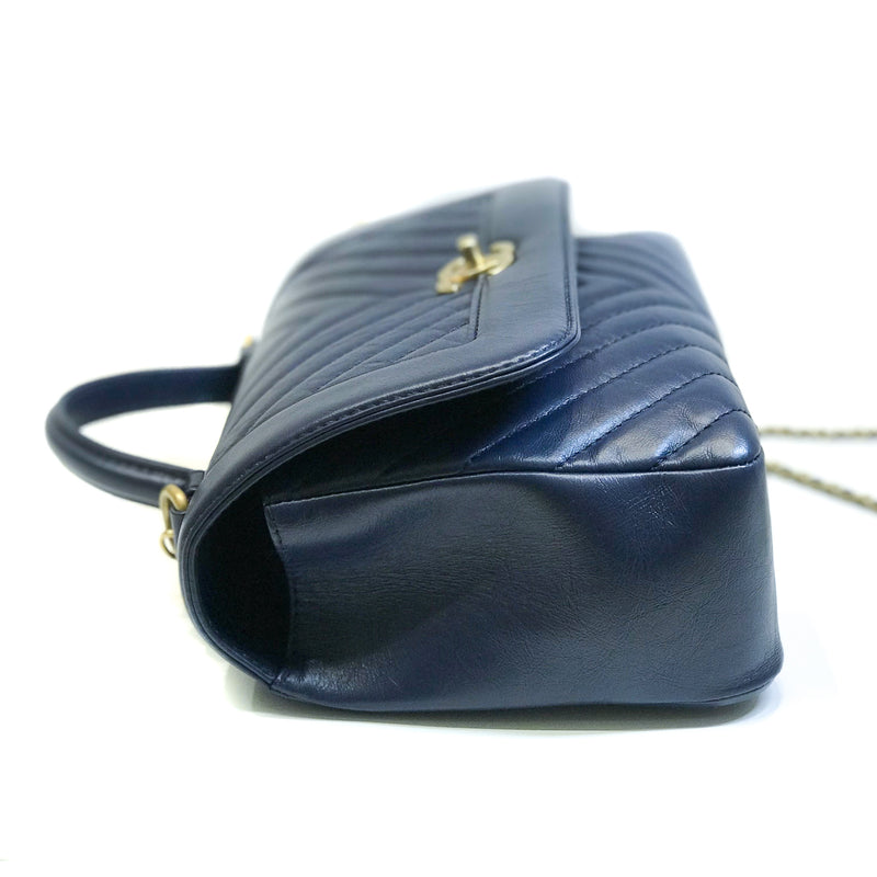 Navy Blue Chevron Top Handle Flap in Calfskin Leather