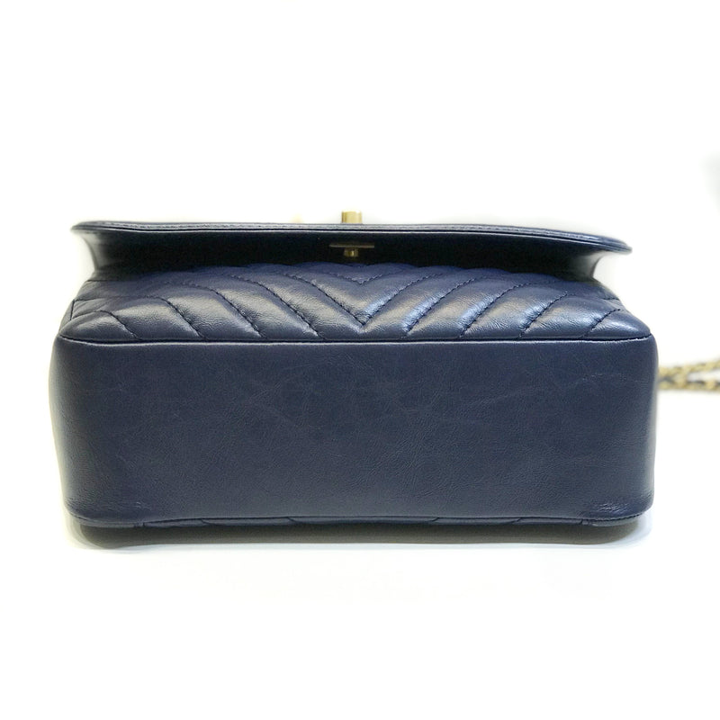 Navy Blue Chevron Top Handle Flap in Calfskin Leather