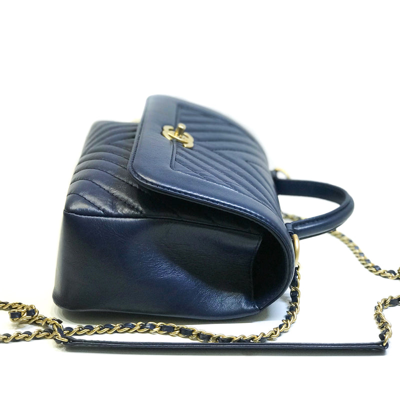 Navy Blue Chevron Top Handle Flap in Calfskin Leather