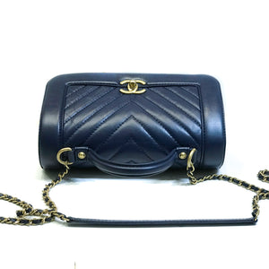 Navy Blue Chevron Top Handle Flap in Calfskin Leather
