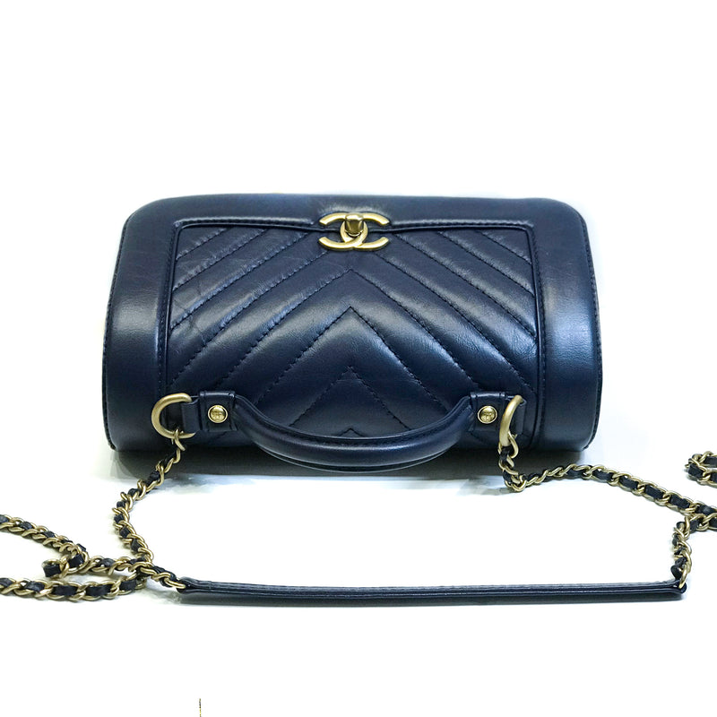 Navy Blue Chevron Top Handle Flap in Calfskin Leather