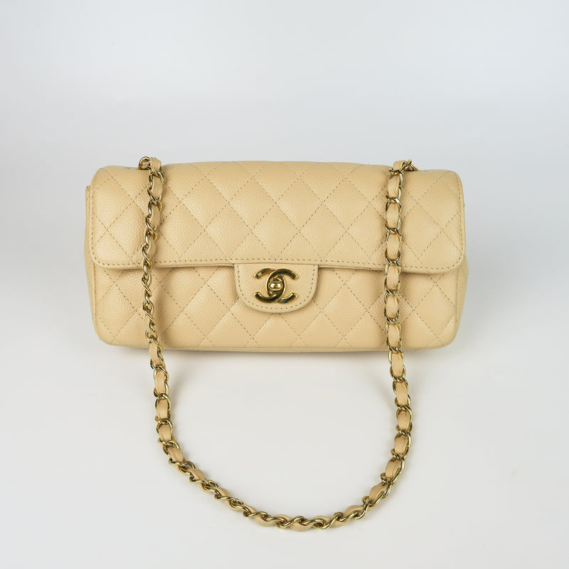East West Flap Bag in Caviar Beige Leather with GHW