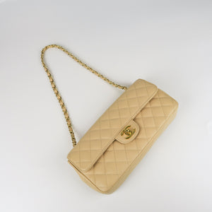 East West Flap Bag in Caviar Beige Leather with GHW