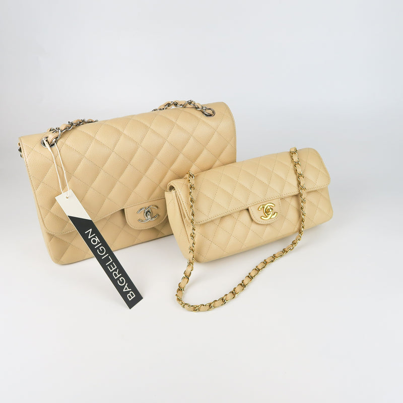 East West Flap Bag in Caviar Beige Leather with GHW