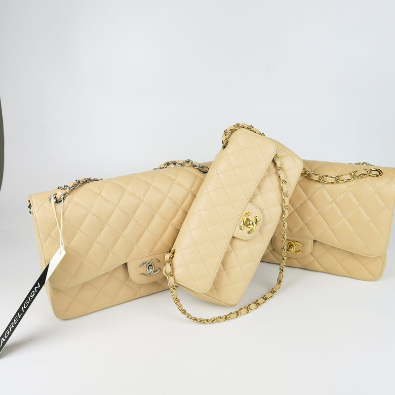 East West Flap Bag in Caviar Beige Leather with GHW