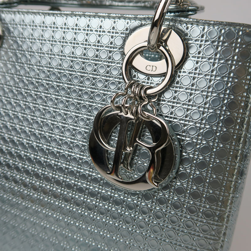 CHRISTIAN DIOR Metallic Patent Micro-Cannage Mini Lady Dior Silver 1295734
