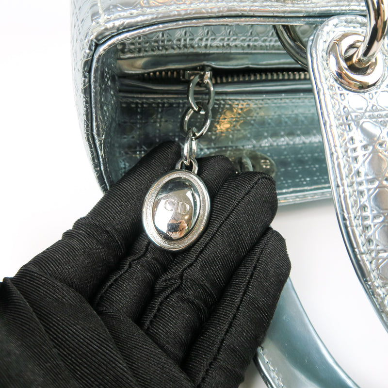 Christian Dior Silver Crinkled Calfskin Micro Lady Dior Silver Hardware, Womens Handbag