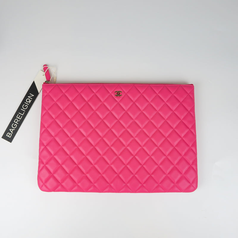 Chanel Pink Quilted Lambskin Leather Large O-Case Zip Pouch Chanel