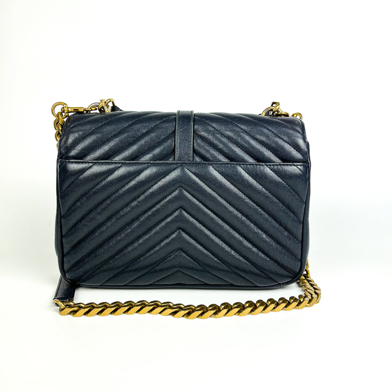 Medium Chevron College Leather Bag Dark Blue