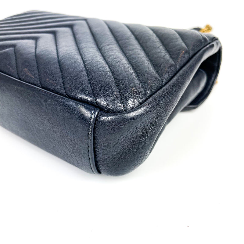 Medium Chevron College Leather Bag Dark Blue