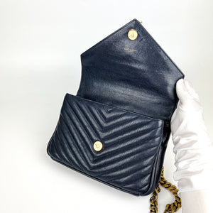 Medium Chevron College Leather Bag Dark Blue