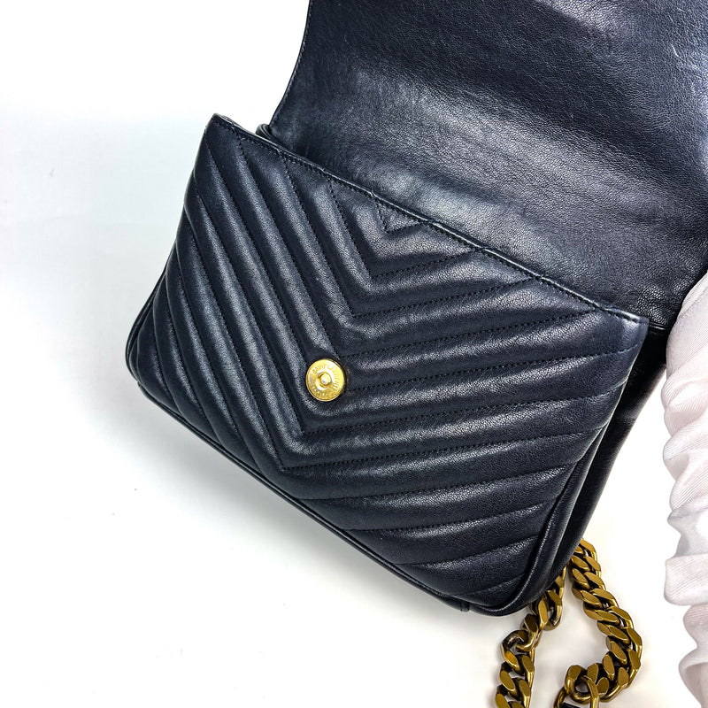 Medium Chevron College Leather Bag Dark Blue