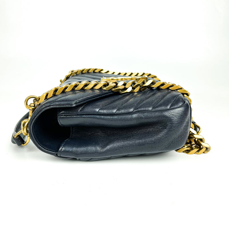 Medium Chevron College Leather Bag Dark Blue