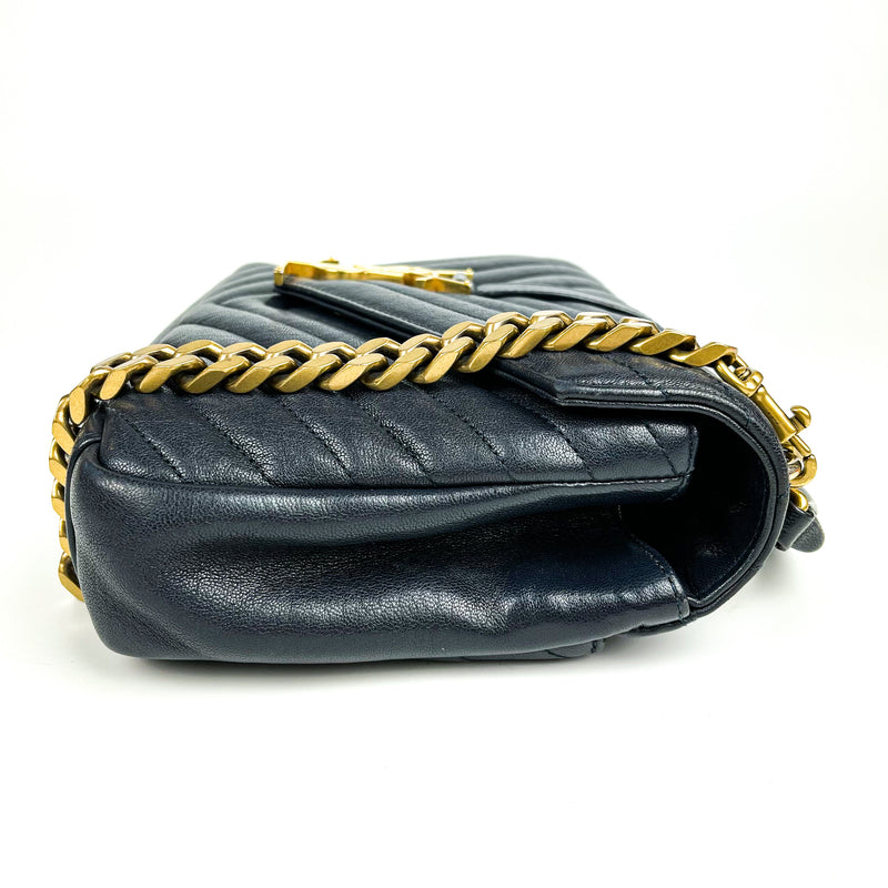 Medium Chevron College Leather Bag Dark Blue