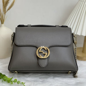 Interlocking GG Calfskin Leather Grey LGHW