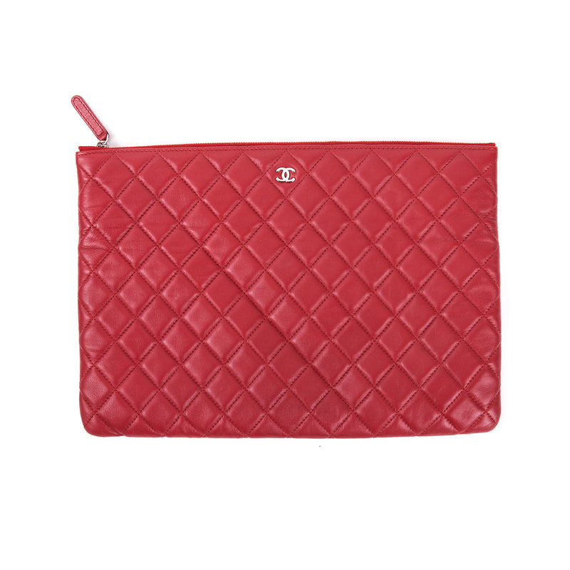 Red Quilted O Case Large in Dark Red Lambskin