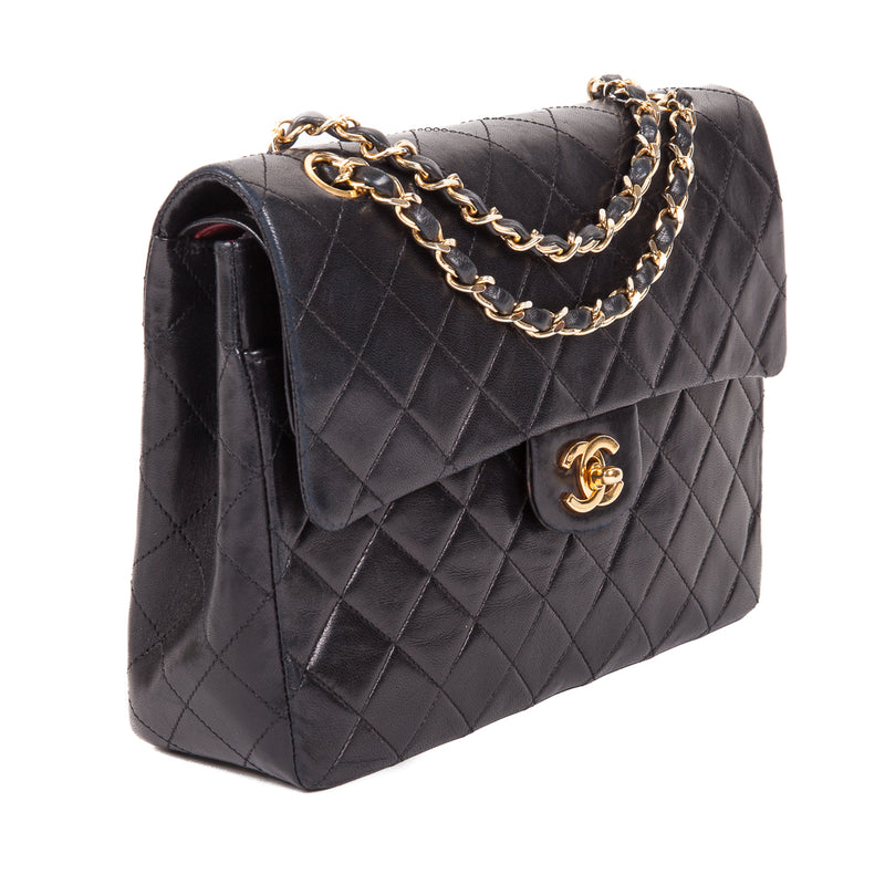 Vintage Black Lambskin 10’’ Medium Square Classic Double Flap Bag