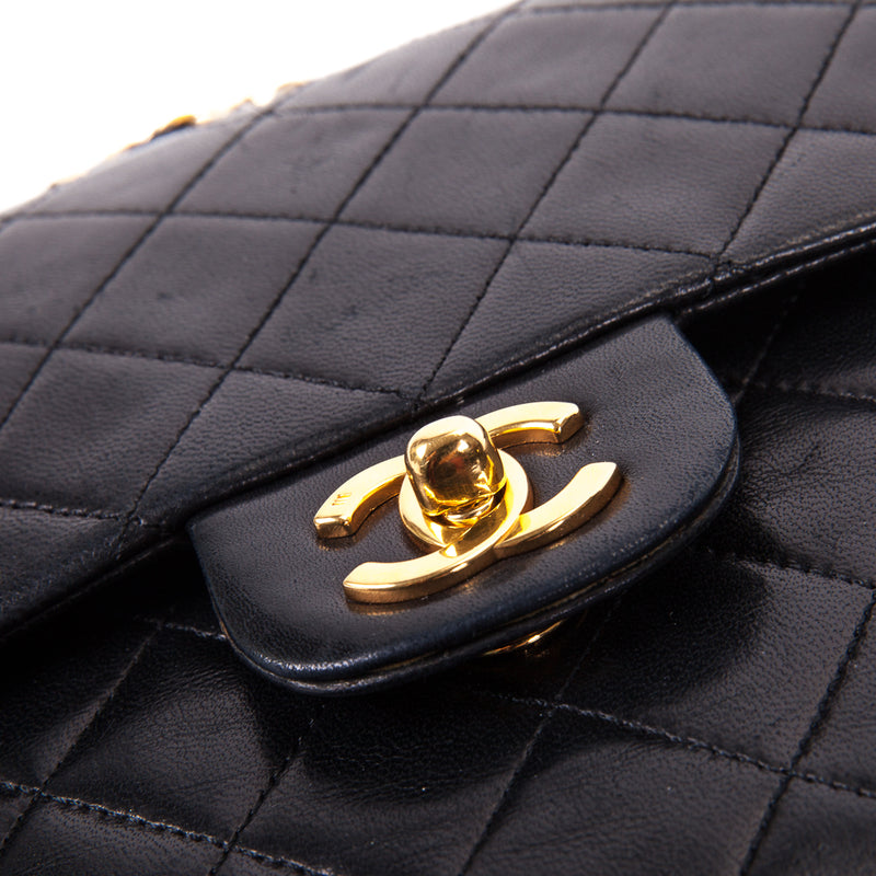 Vintage Black Lambskin 10’’ Medium Square Classic Double Flap Bag