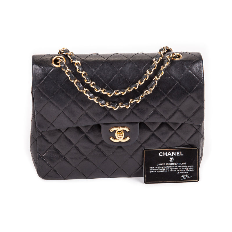 Vintage Black Lambskin 10’’ Medium Square Classic Double Flap Bag