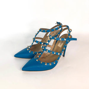 Rockstud Heels in Blue Leather