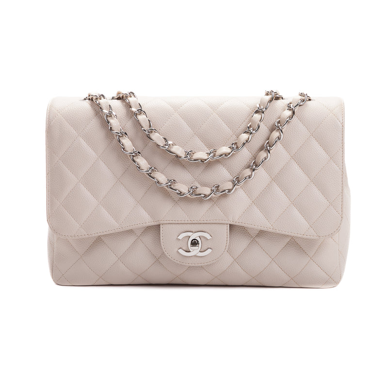 Single Flap Caviar Jumbo in Light Beige w/ Silver Hardware