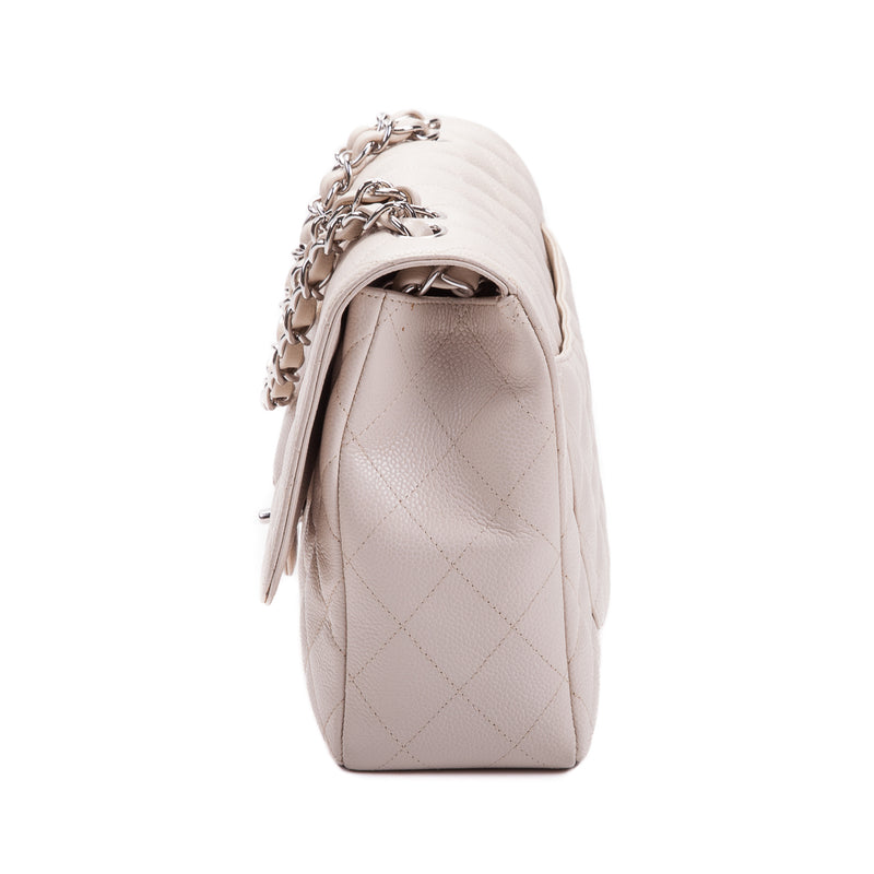 Single Flap Caviar Jumbo in Light Beige w/ Silver Hardware