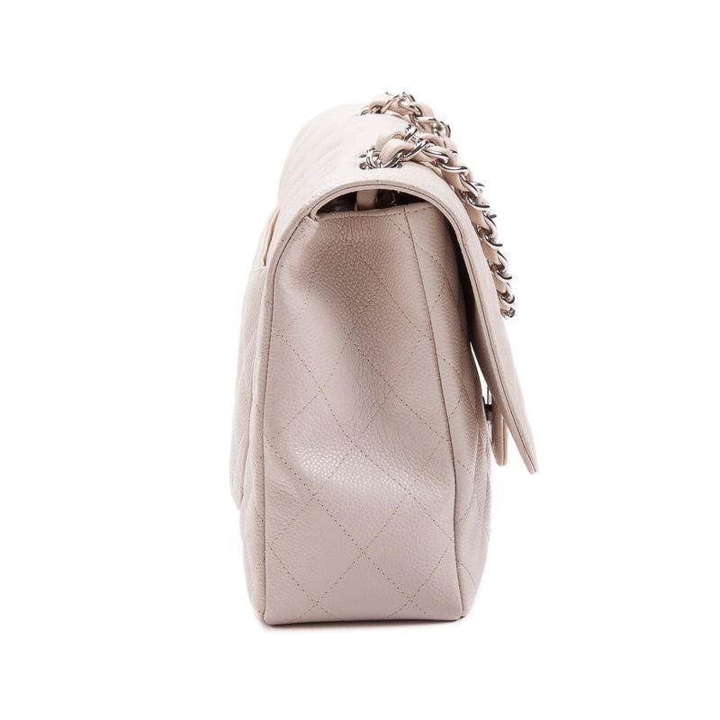 Single Flap Caviar Jumbo in Light Beige w/ Silver Hardware
