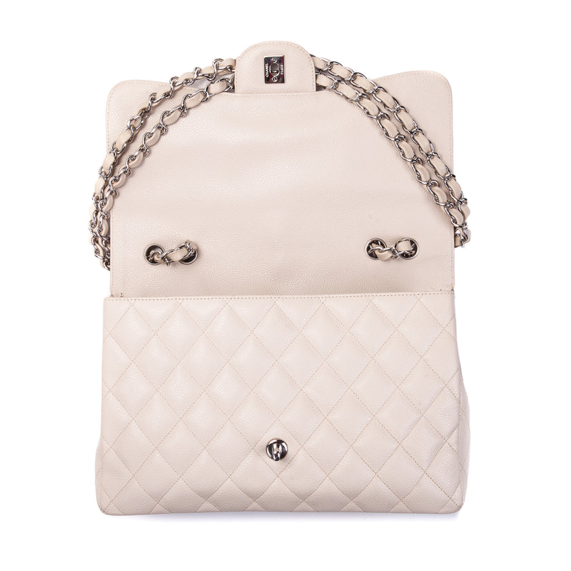 Single Flap Caviar Jumbo in Light Beige w/ Silver Hardware