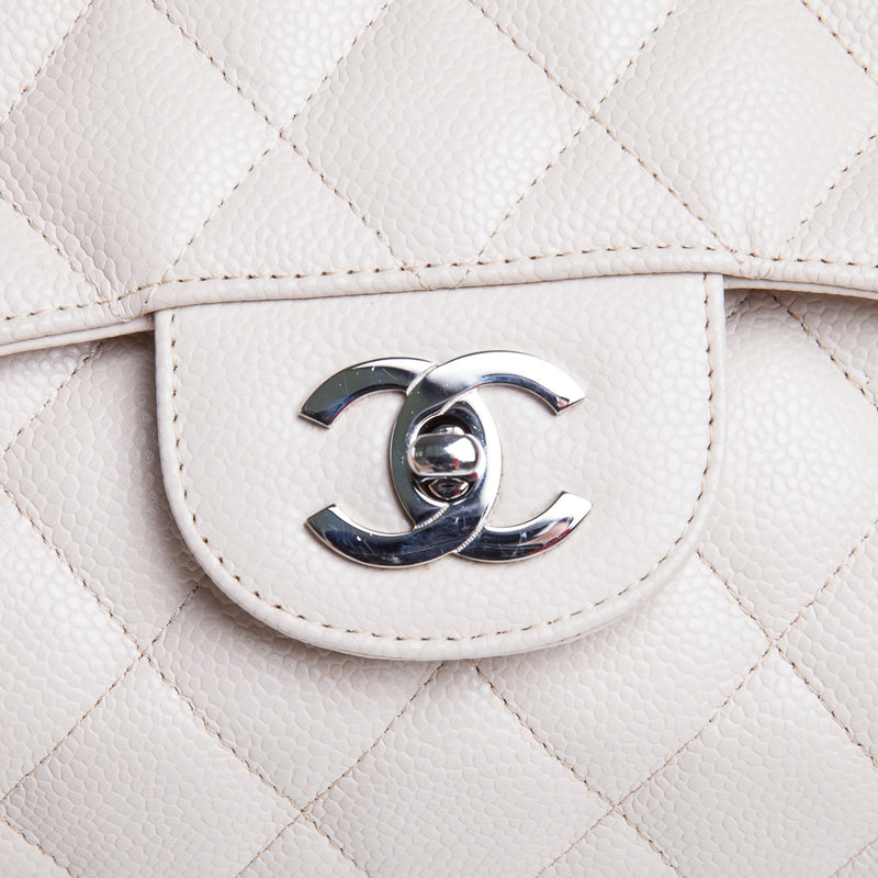 Single Flap Caviar Jumbo in Light Beige w/ Silver Hardware