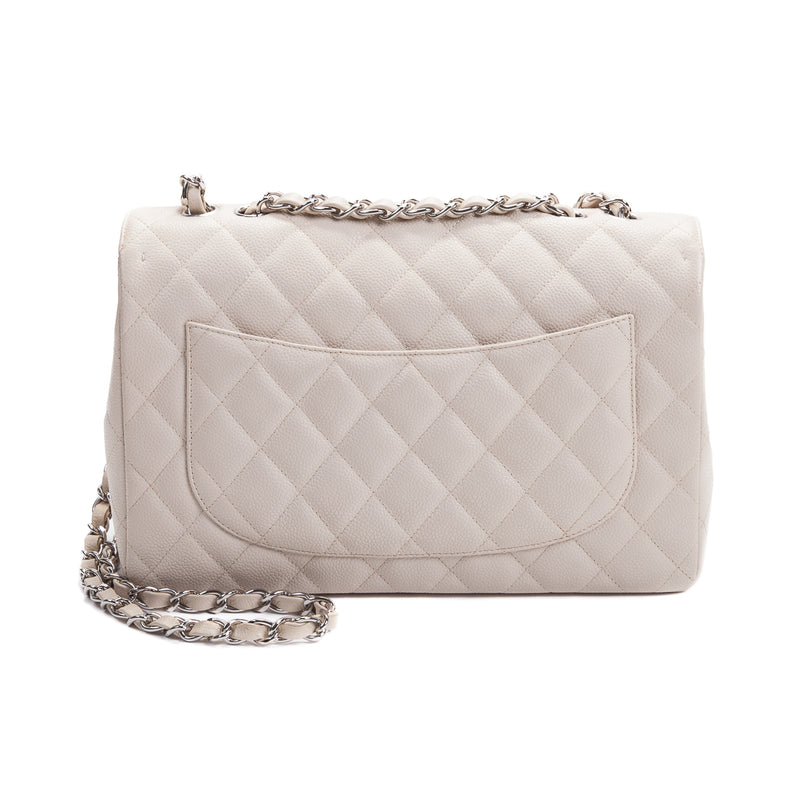 Single Flap Caviar Jumbo in Light Beige w/ Silver Hardware