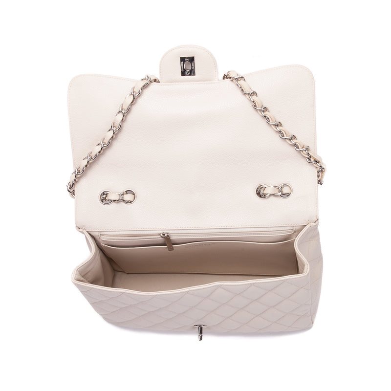 Single Flap Caviar Jumbo in Light Beige w/ Silver Hardware