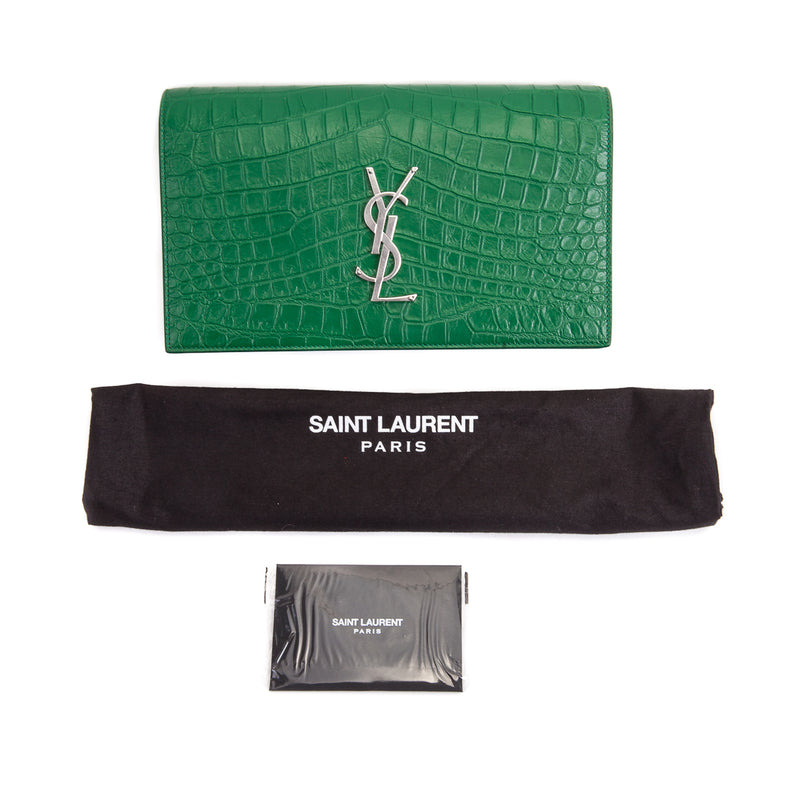 Embossed Crocodile Green Leather Clutch