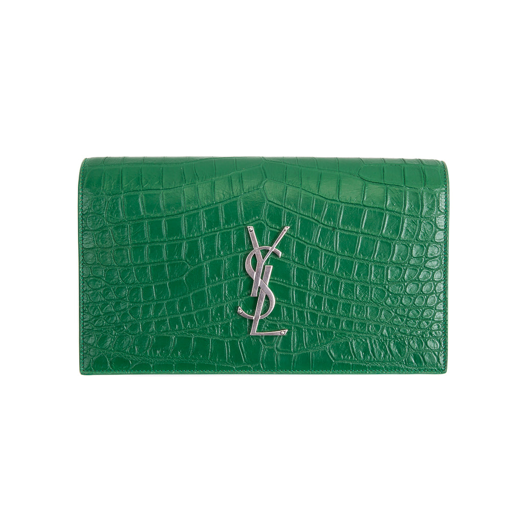 Embossed Crocodile Green Leather Clutch