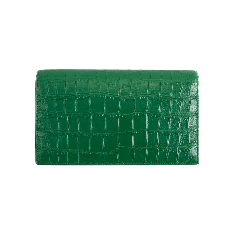 Embossed Crocodile Green Leather Clutch