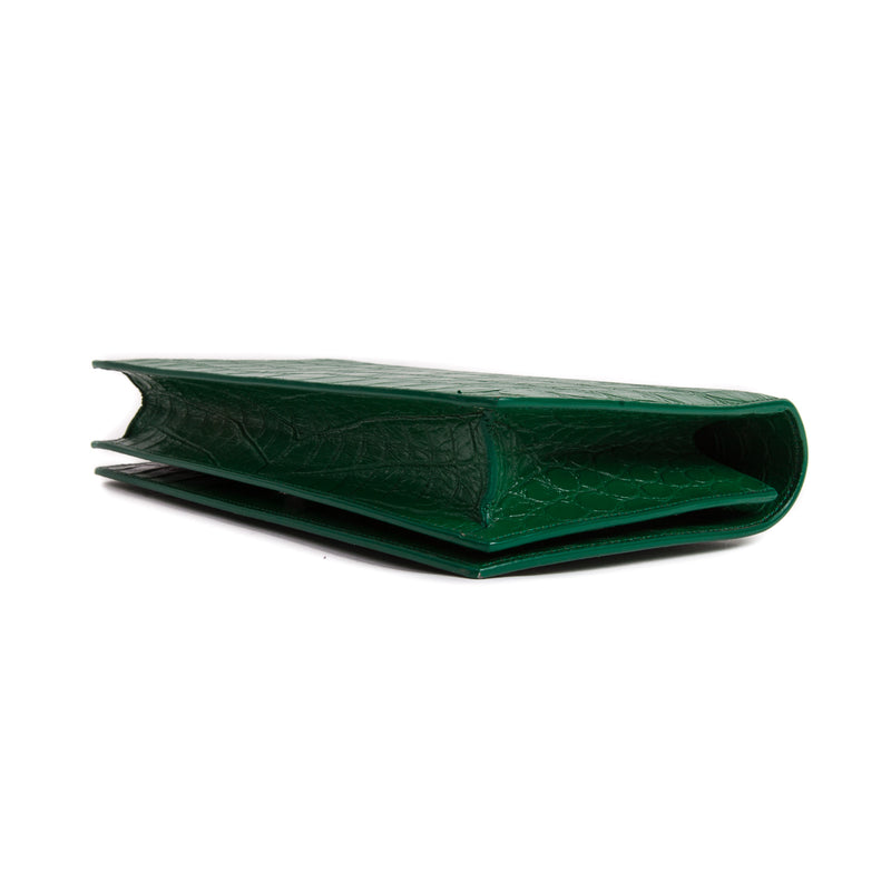 Embossed Crocodile Green Leather Clutch