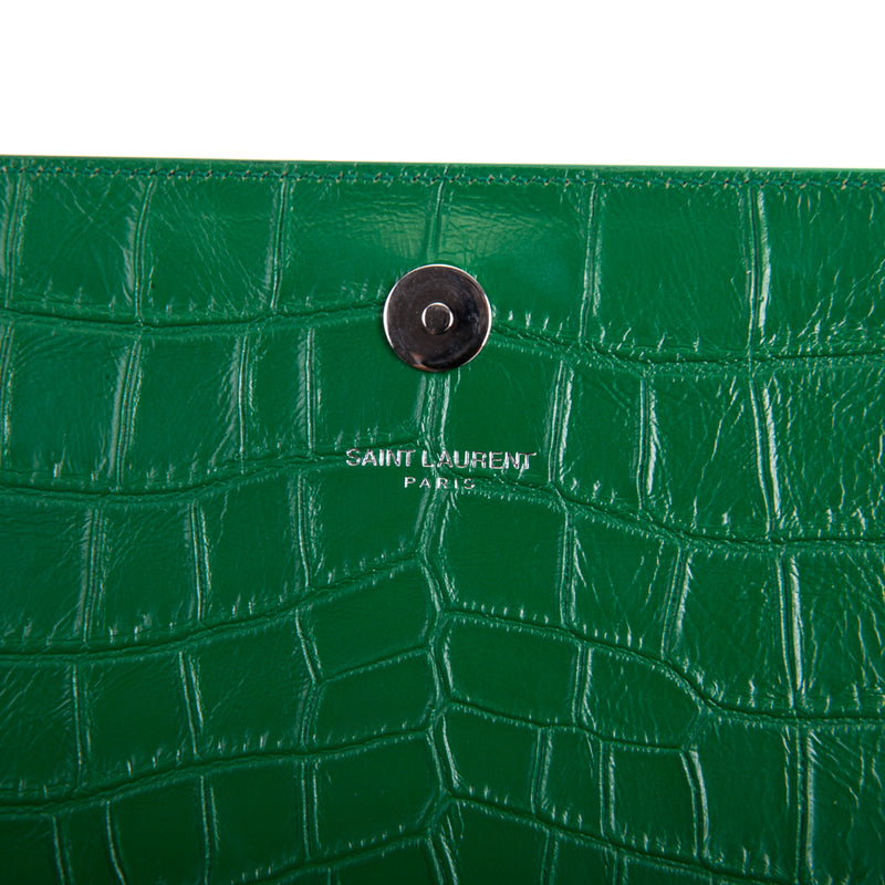 Embossed Crocodile Green Leather Clutch