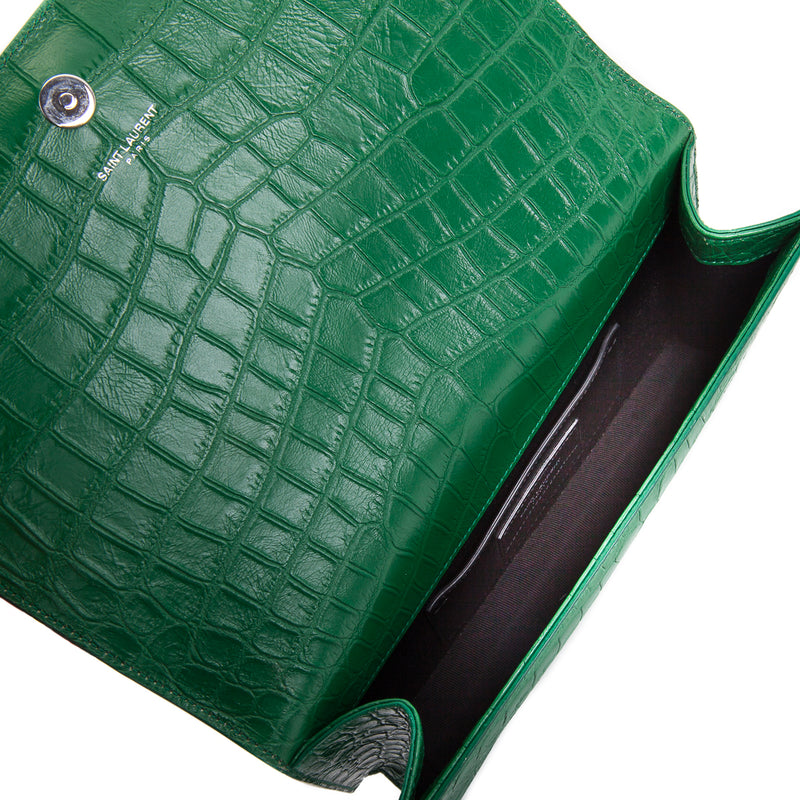 Embossed Crocodile Green Leather Clutch