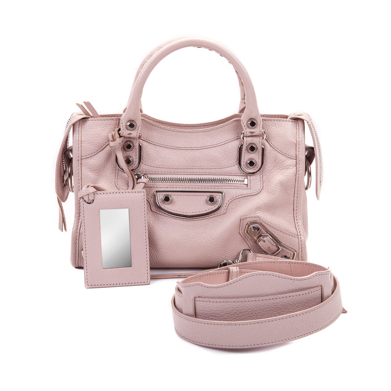 Chevre Metallic Edge Silver Mini City in Baby Pink