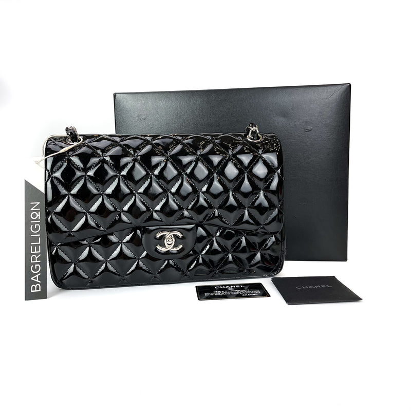 Double Flap Jumbo Quilted Patent Bag in Black with SHW