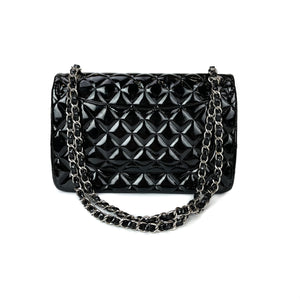 Double Flap Jumbo Quilted Patent Bag in Black with SHW